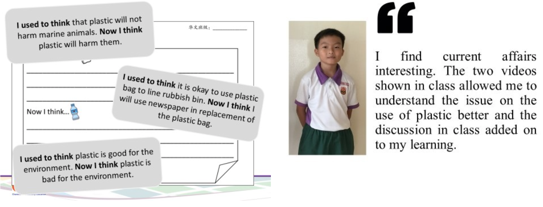 A young boy in school uniform stands beside student quotes about changing views on plastic use and a testimonial quote.